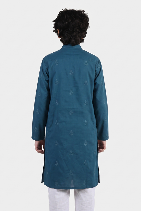 Boys Cotton Slub Printed Kurta (Blue Opal)-Blue