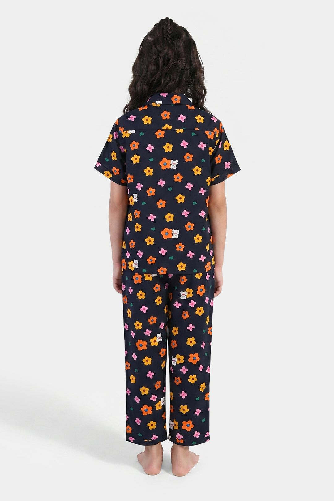 Girls Floral Print Viscose Nightwear Suit – Navy