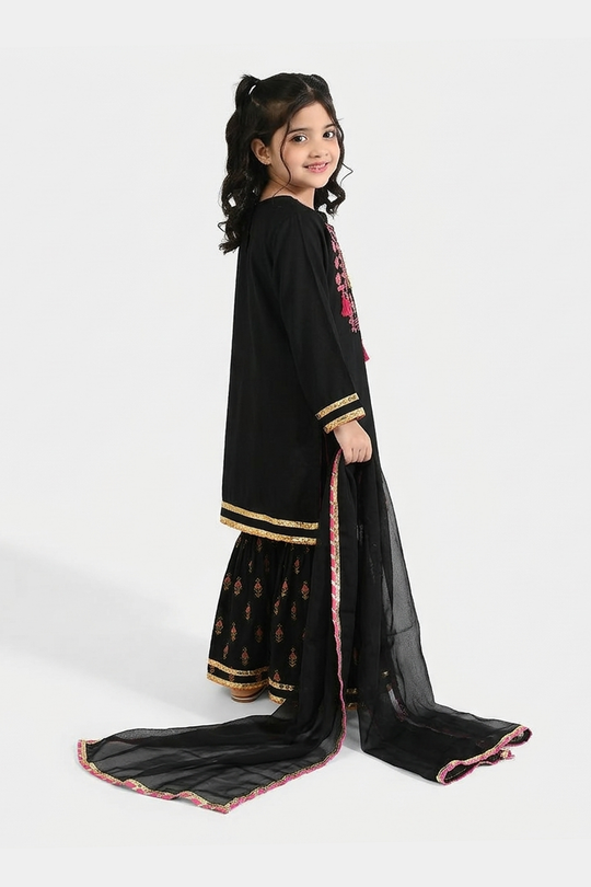 Girls Raw Silk 3-Piece Suit (Rangrez) - Black
