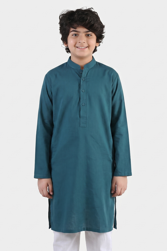Boys Cotton Slub Kurta (Cut N Sew)- Teal Blue