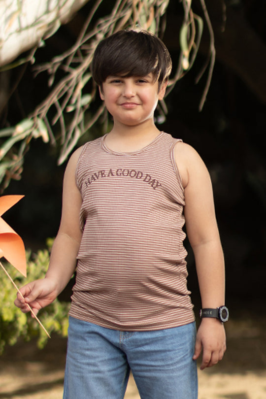 Boys Yarn Dyed Sando (Have A Good Day) - Brown