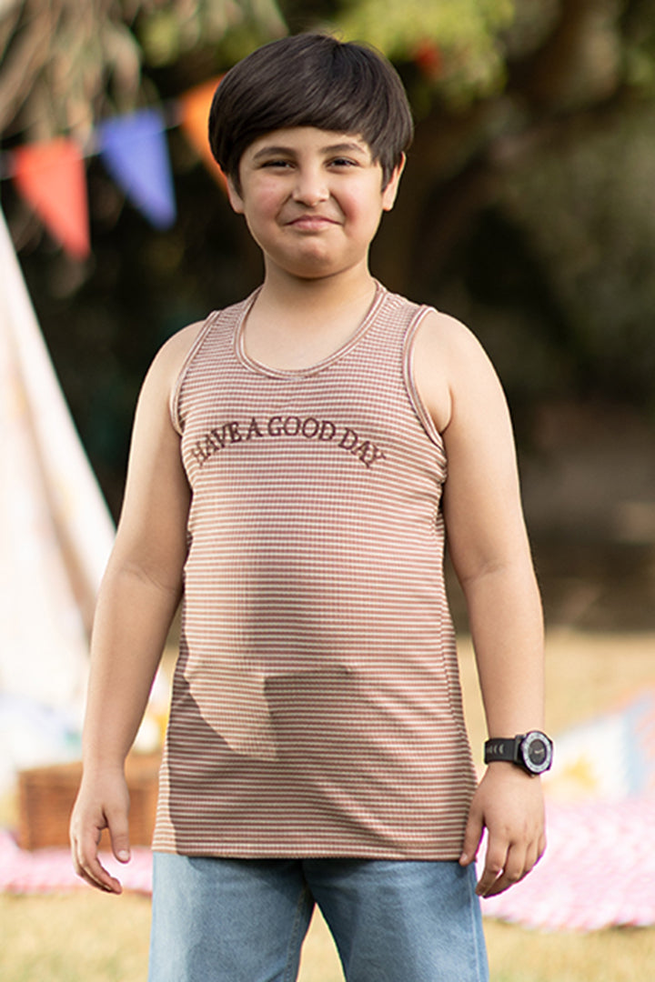 Boys Yarn Dyed Sando (Have A Good Day) - Brown