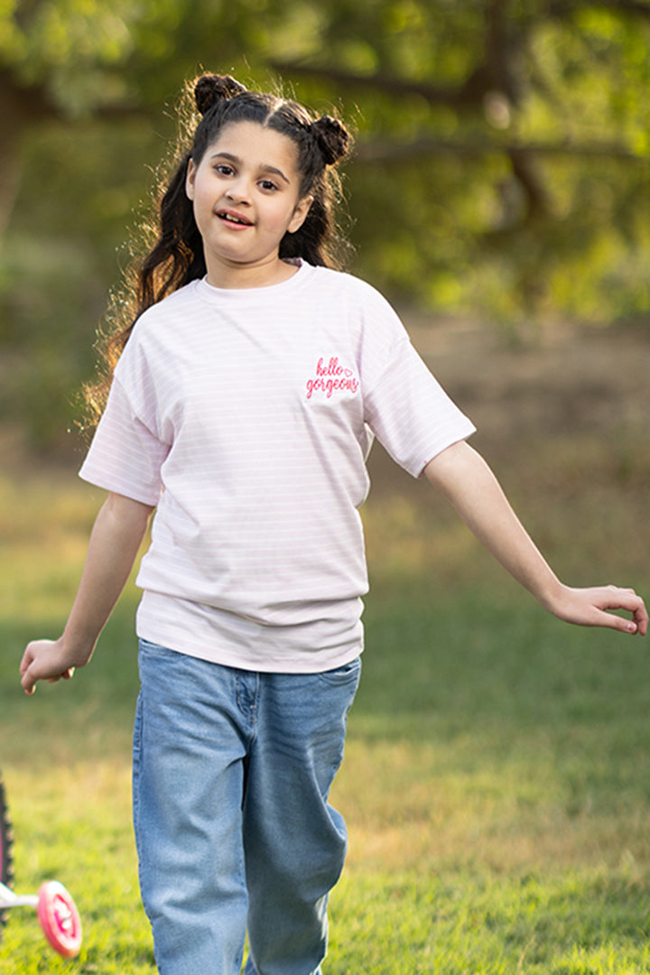 Girls Yarn Dyed T-Shirt (HELLO GORGEOUS) - Pink