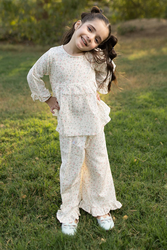 Girls Cotton Co-Ord Set (Midnight Flower) – Off White
