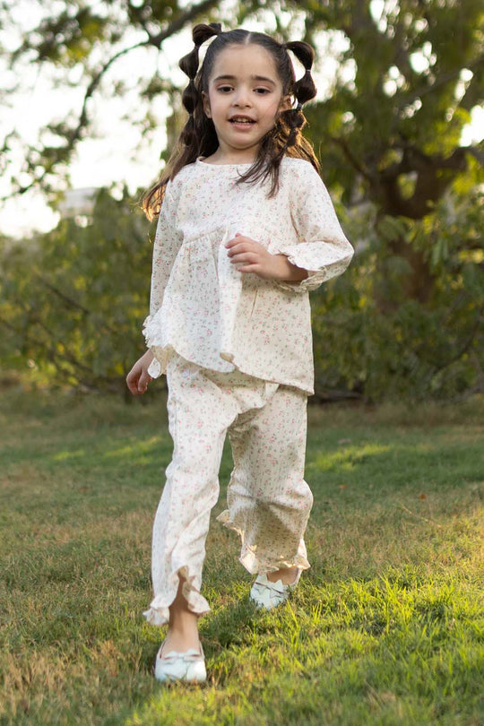 Girls Cotton Co-Ord Set (Midnight Flower) – Off White