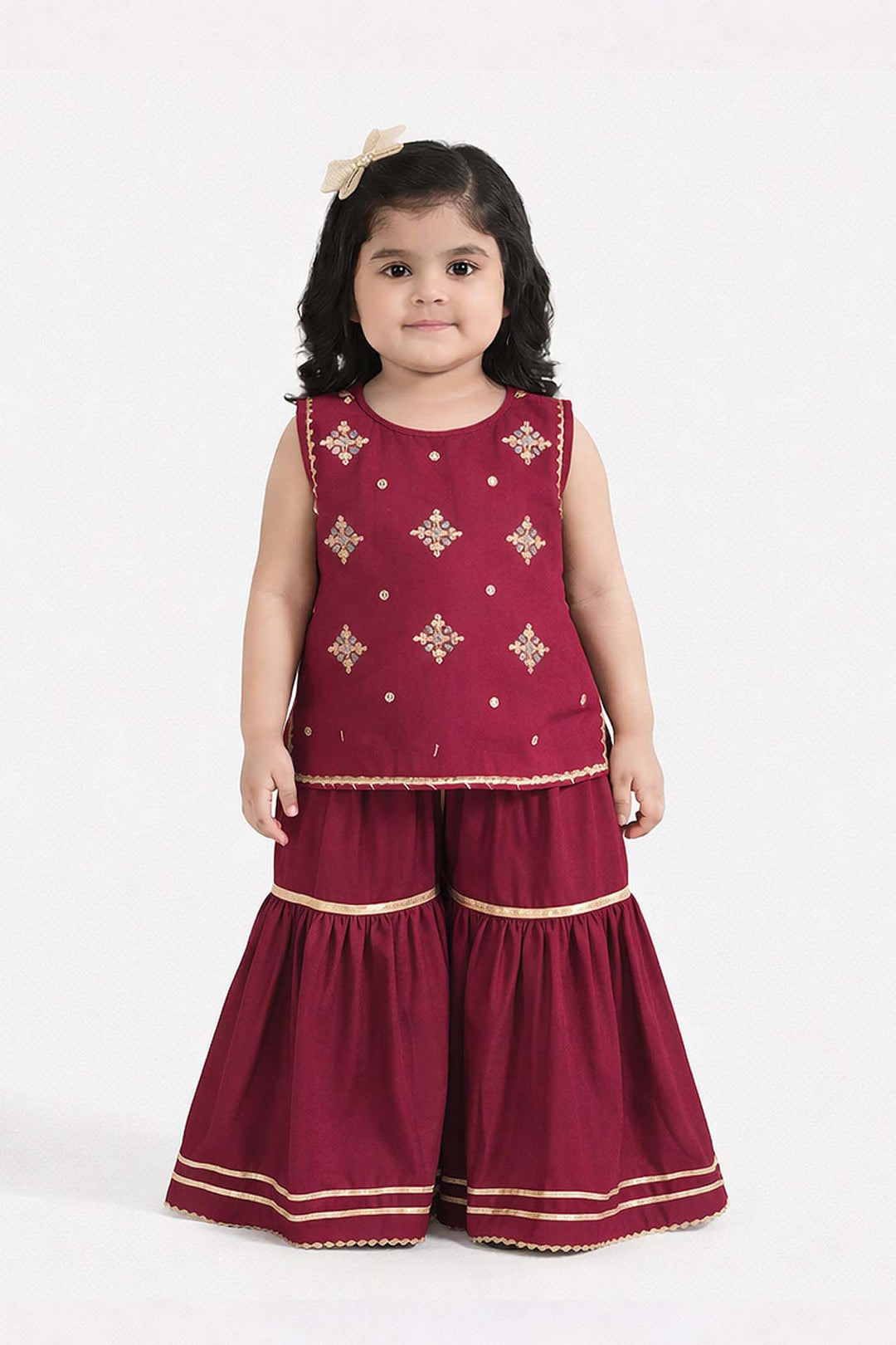 Infant Girls Raw Silk 2Pcs Chanda - Burgundy