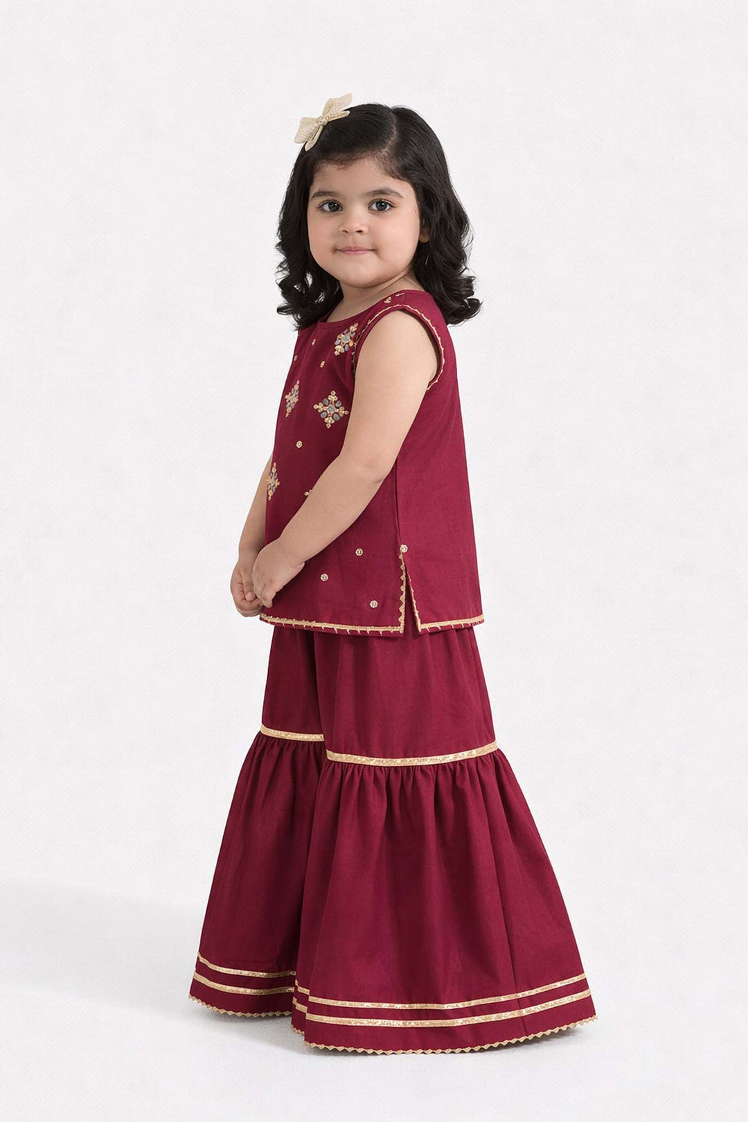 Infant Girls Raw Silk 2Pcs Chanda - Burgundy