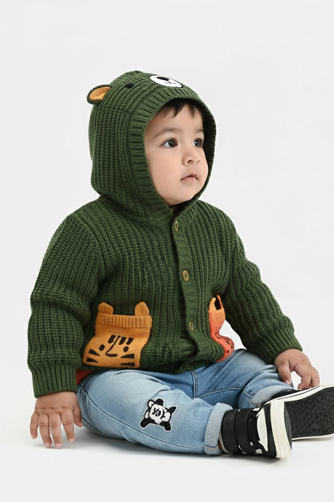 Infant Boys Cotton Sweater Animal Pocket-Green