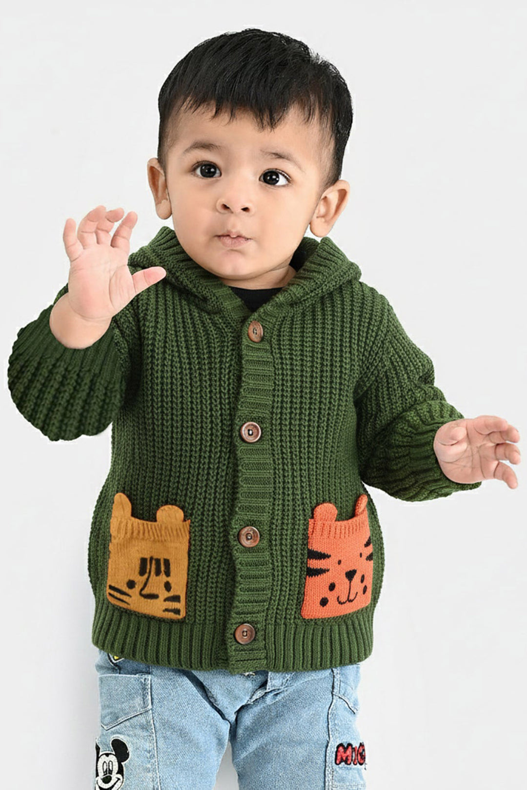 Infant Boys Cotton Sweater Animal Pocket-Green