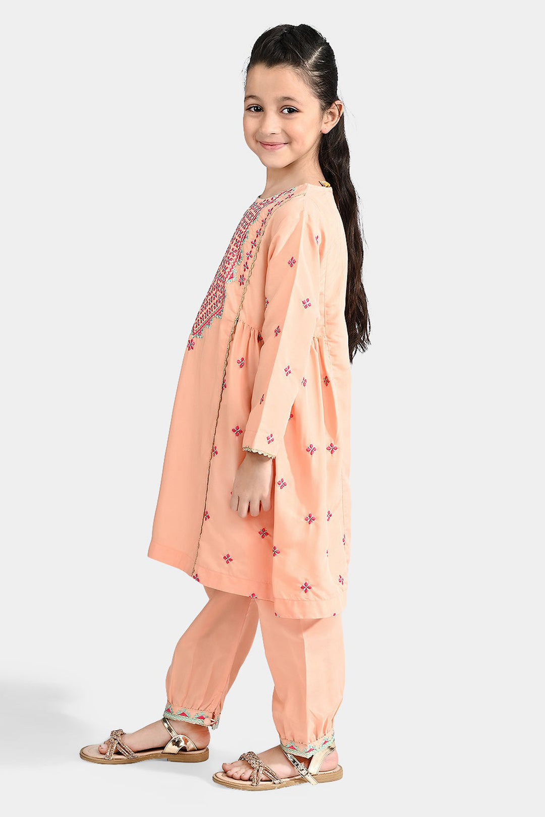 Girls Poly Cambric Emb 2 Pcs Reet - Peach