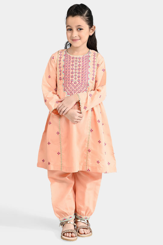 Girls Poly Cambric Emb 2 Pcs Reet - Peach