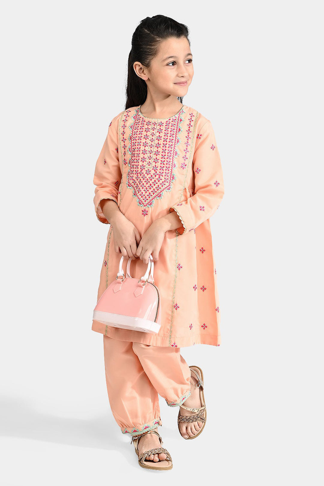 Girls Poly Cambric Emb 2 Pcs Reet - Peach