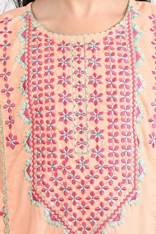 Girls Poly Cambric Emb 2 Pcs Reet - Peach