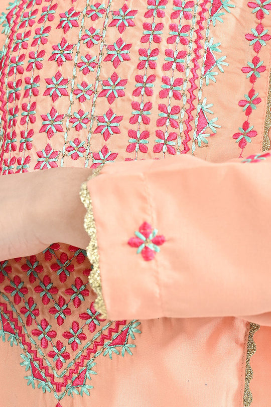 Girls Poly Cambric Emb 2 Pcs Reet - Peach