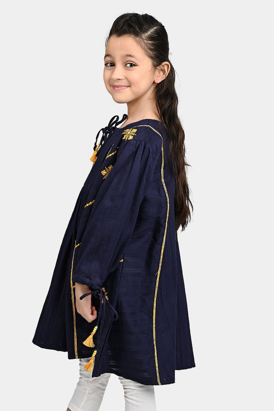 Girls Cotton Emb Long Kurti Midnight - Navy Blue