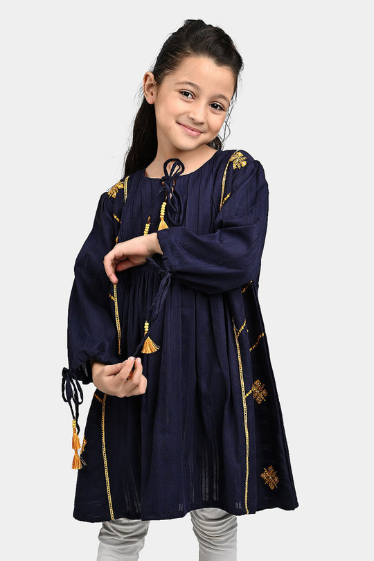 Girls Cotton Emb Long Kurti Midnight - Navy Blue