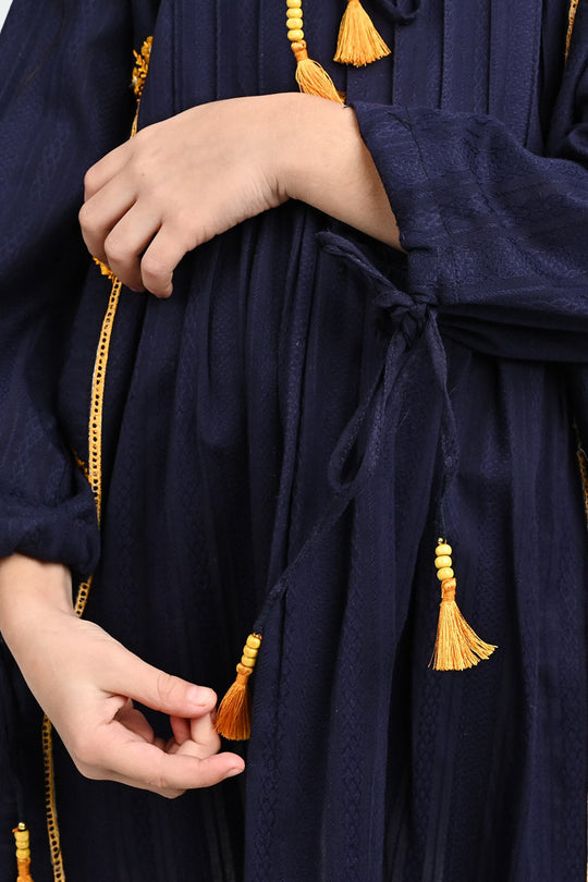 Girls Cotton Emb Long Kurti Midnight - Navy Blue
