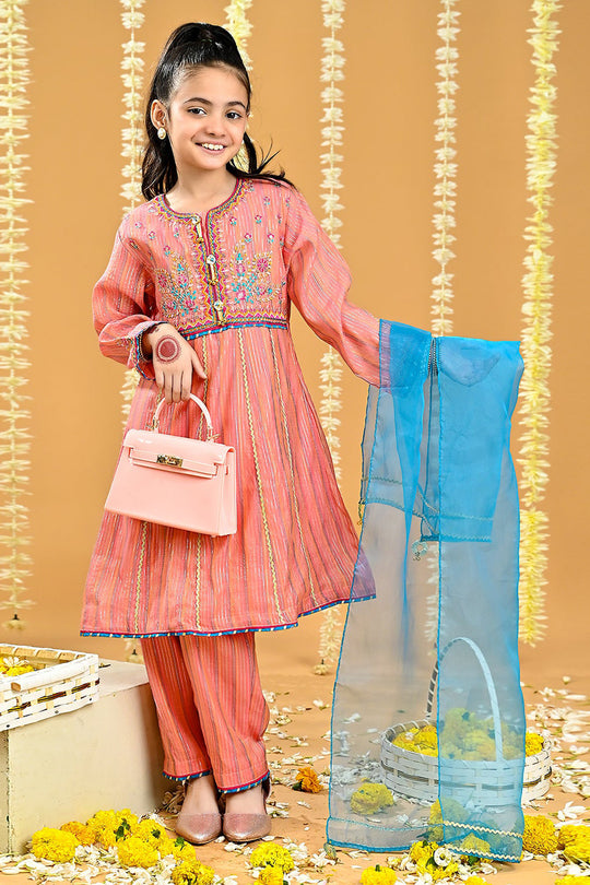 Girls Jacquard Fancy 3 Pcs Suit Roshni-Peach