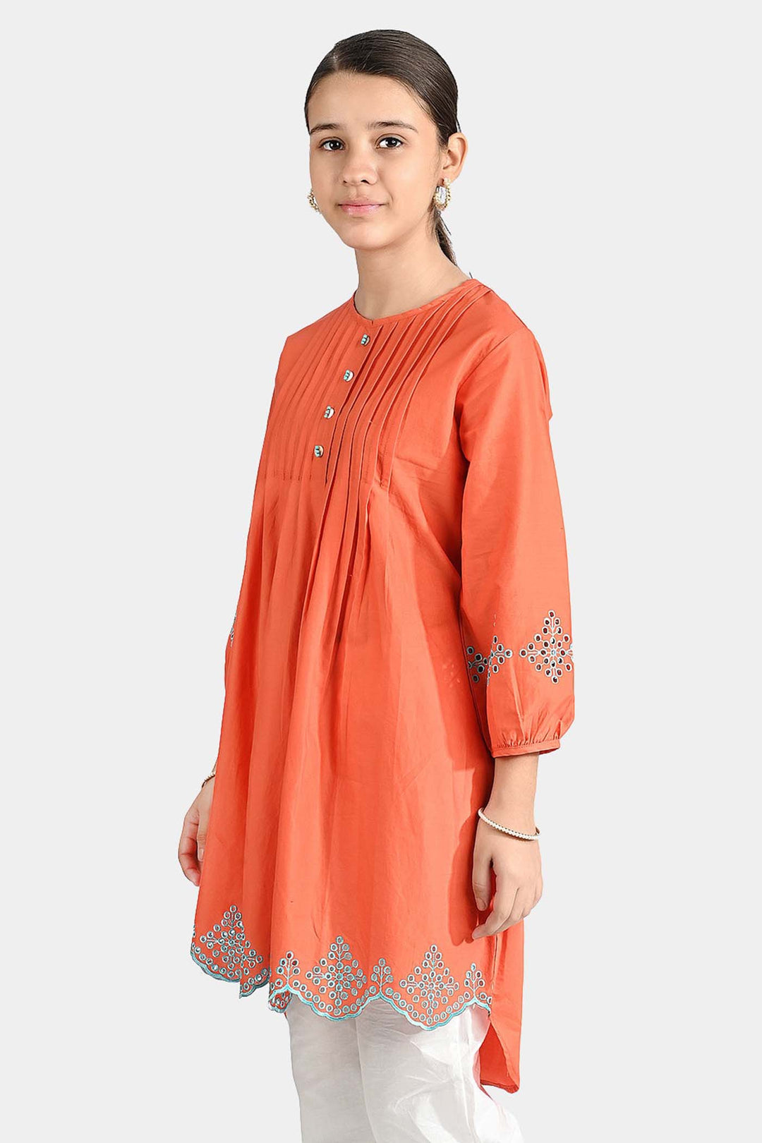 Girls Cotton Poplin Emb Kurti Pleated