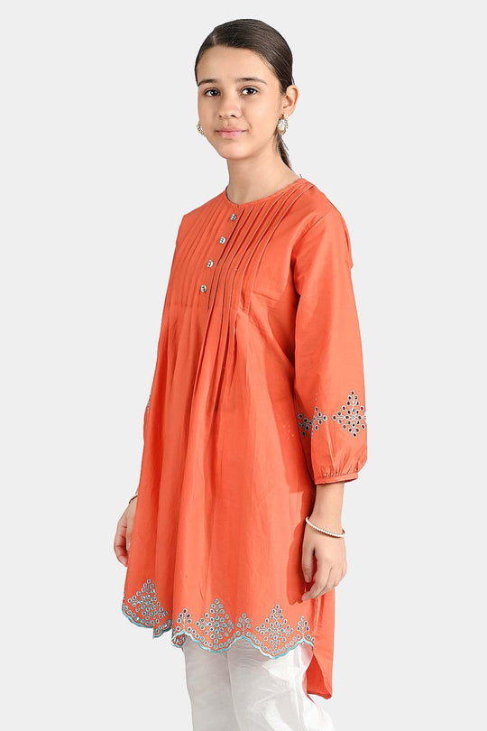 Girls Cotton Poplin Emb Kurti Pleated