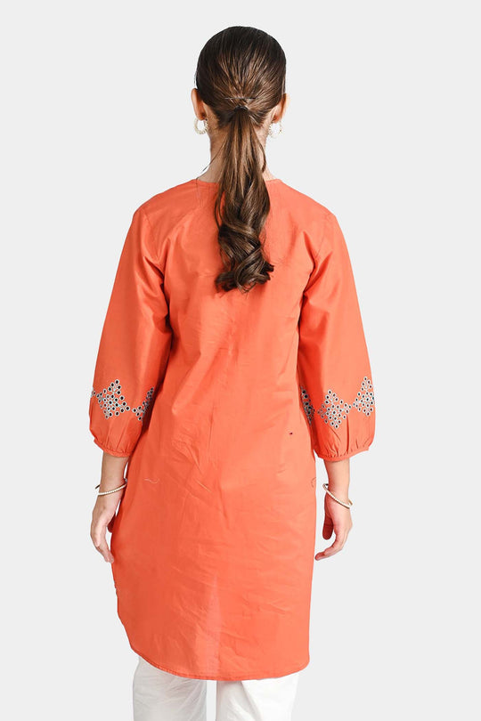 Girls Cotton Poplin Emb Kurti Pleated