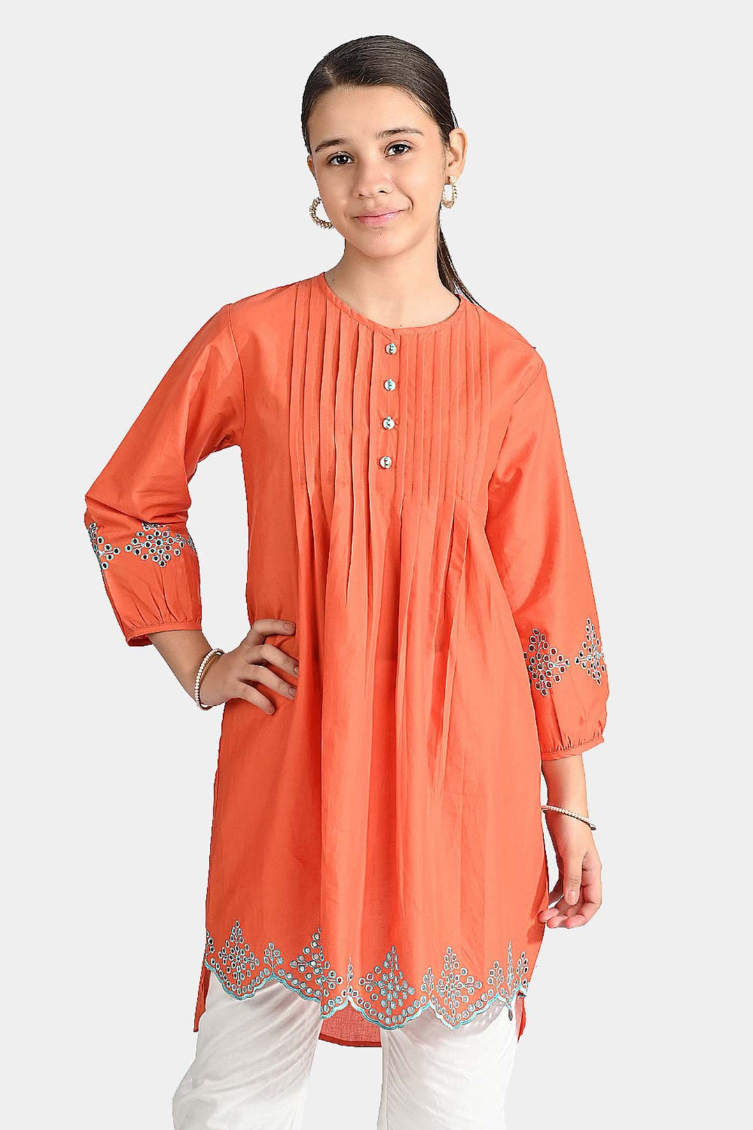 Girls Cotton Poplin Emb Kurti Pleated