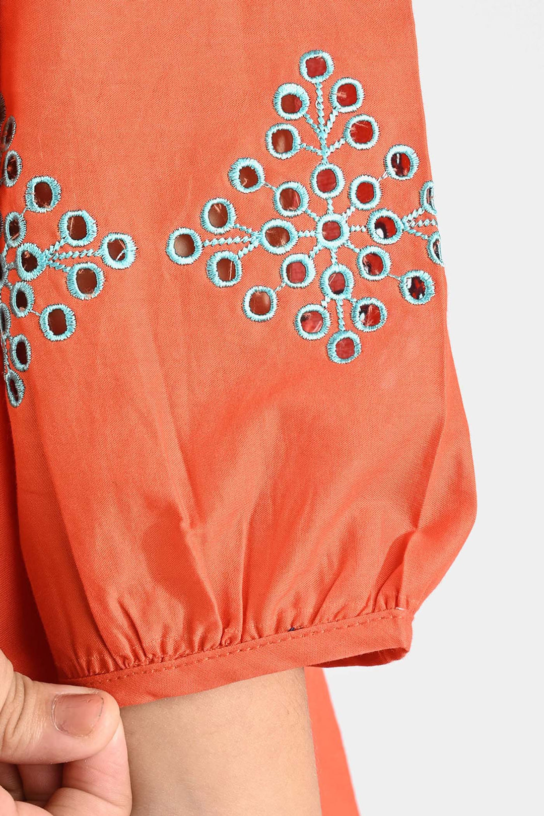 Girls Cotton Poplin Emb Kurti Pleated