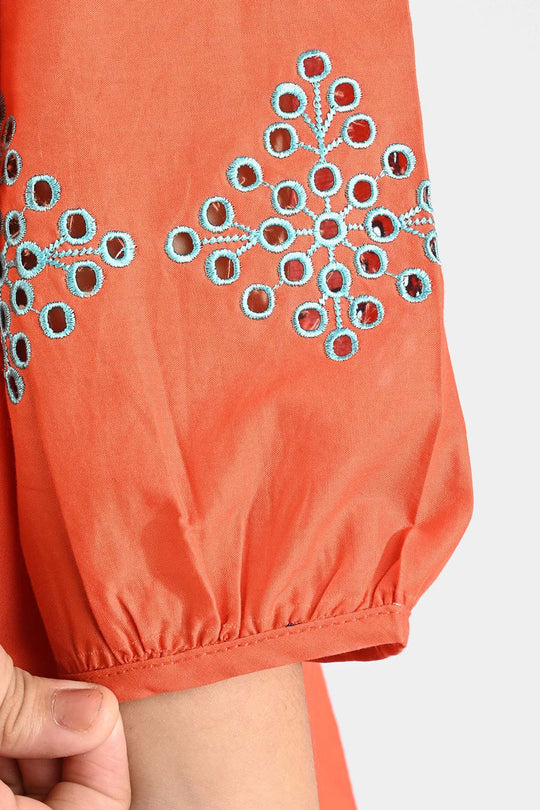 Girls Cotton Poplin Emb Kurti Pleated