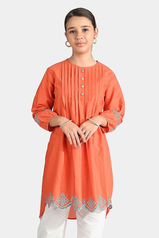 Girls Cotton Poplin Emb Kurti Pleated