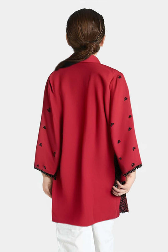 Girls Cotton Poplin Emb Kurti Schiffli-MAROON