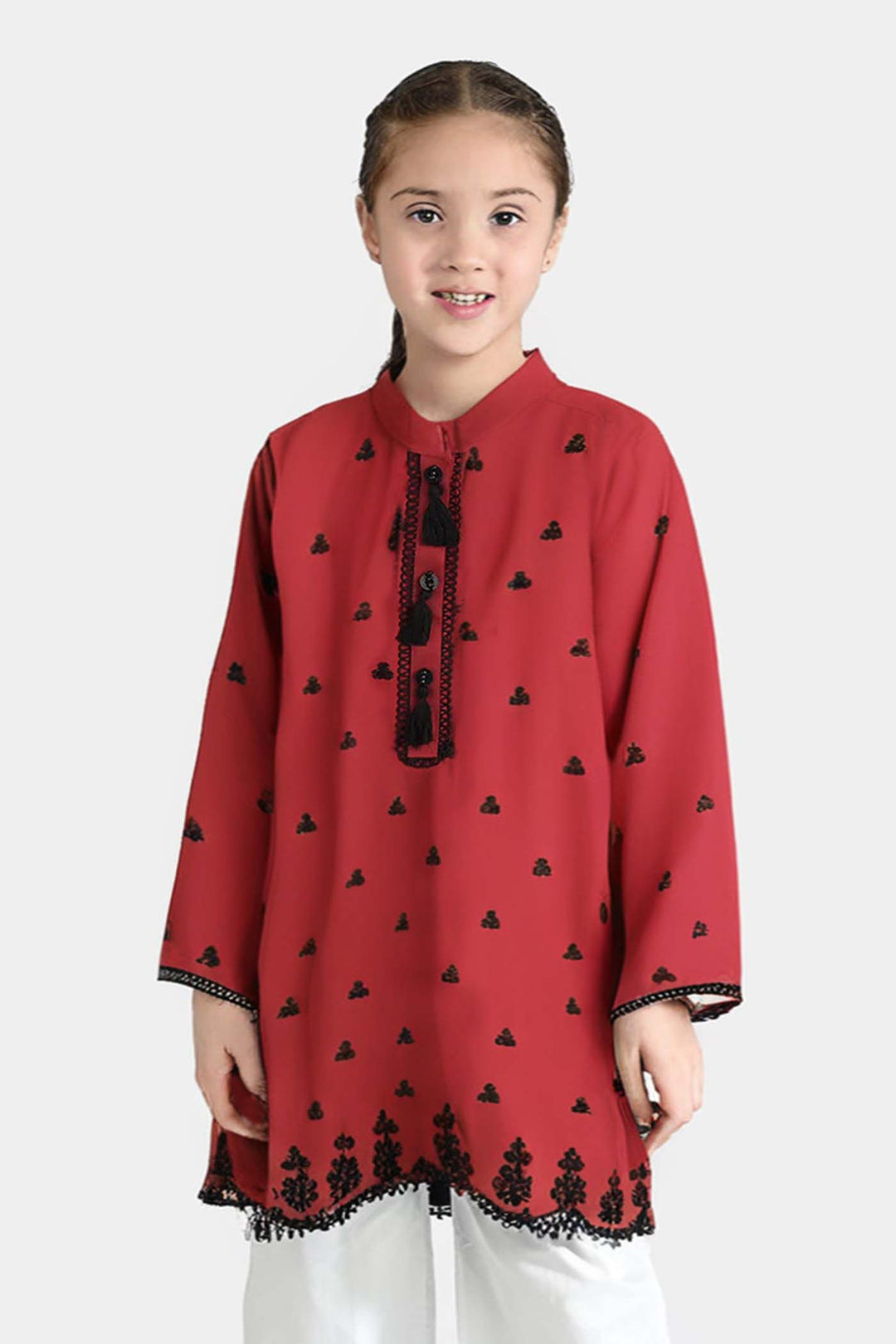 Girls Cotton Poplin Emb Kurti Schiffli-MAROON