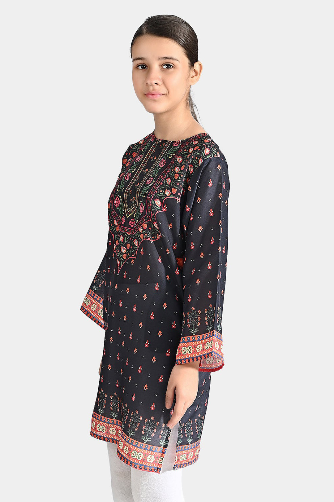 Girls Poly Cambric Printed Kurti Black Funk - BLACK
