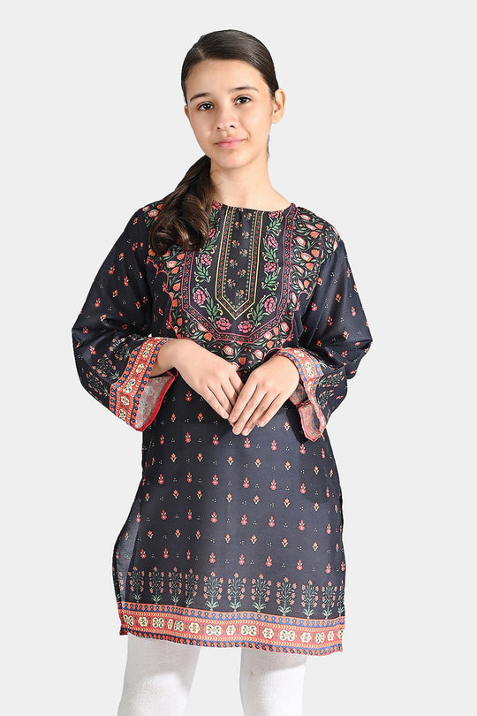 Girls Poly Cambric Printed Kurti Black Funk - BLACK
