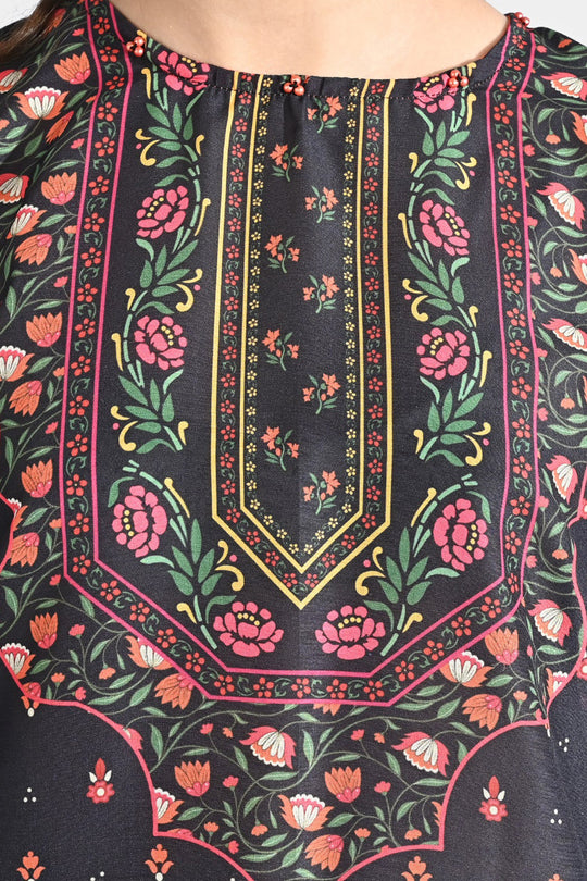 Girls Poly Cambric Printed Kurti Black Funk - BLACK
