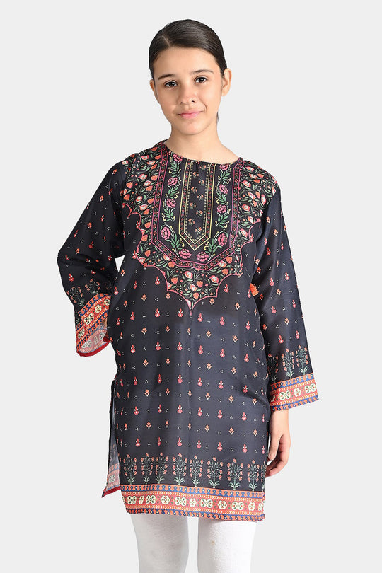 Girls Poly Cambric Printed Kurti Black Funk - BLACK