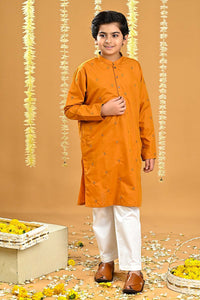 Boys Poly Viscose Embroidered Kurta-Citrus