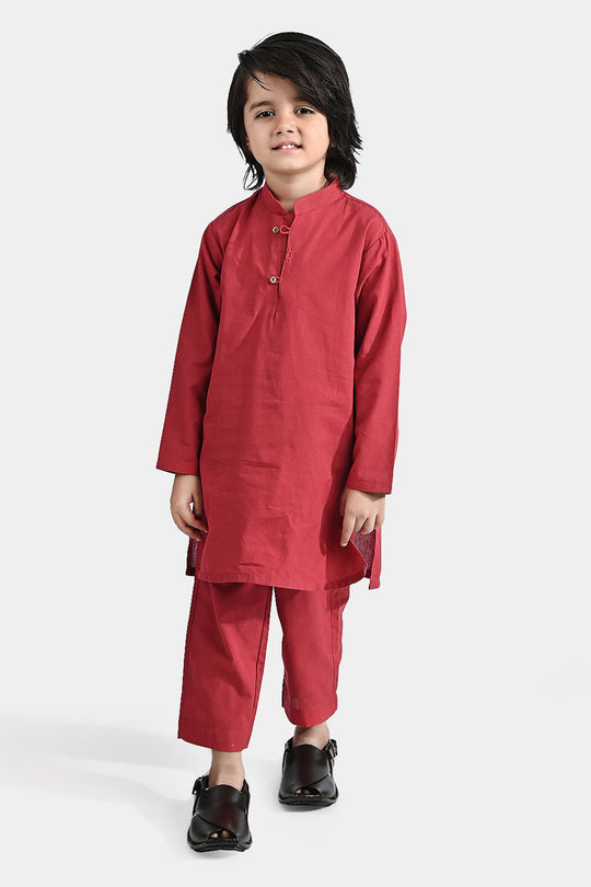 Boys Cotton 2pc Suit (Band Collar) - Red