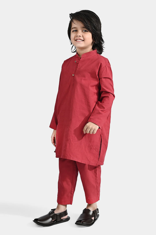 Boys Cotton 2pc Suit (Band Collar) - Red