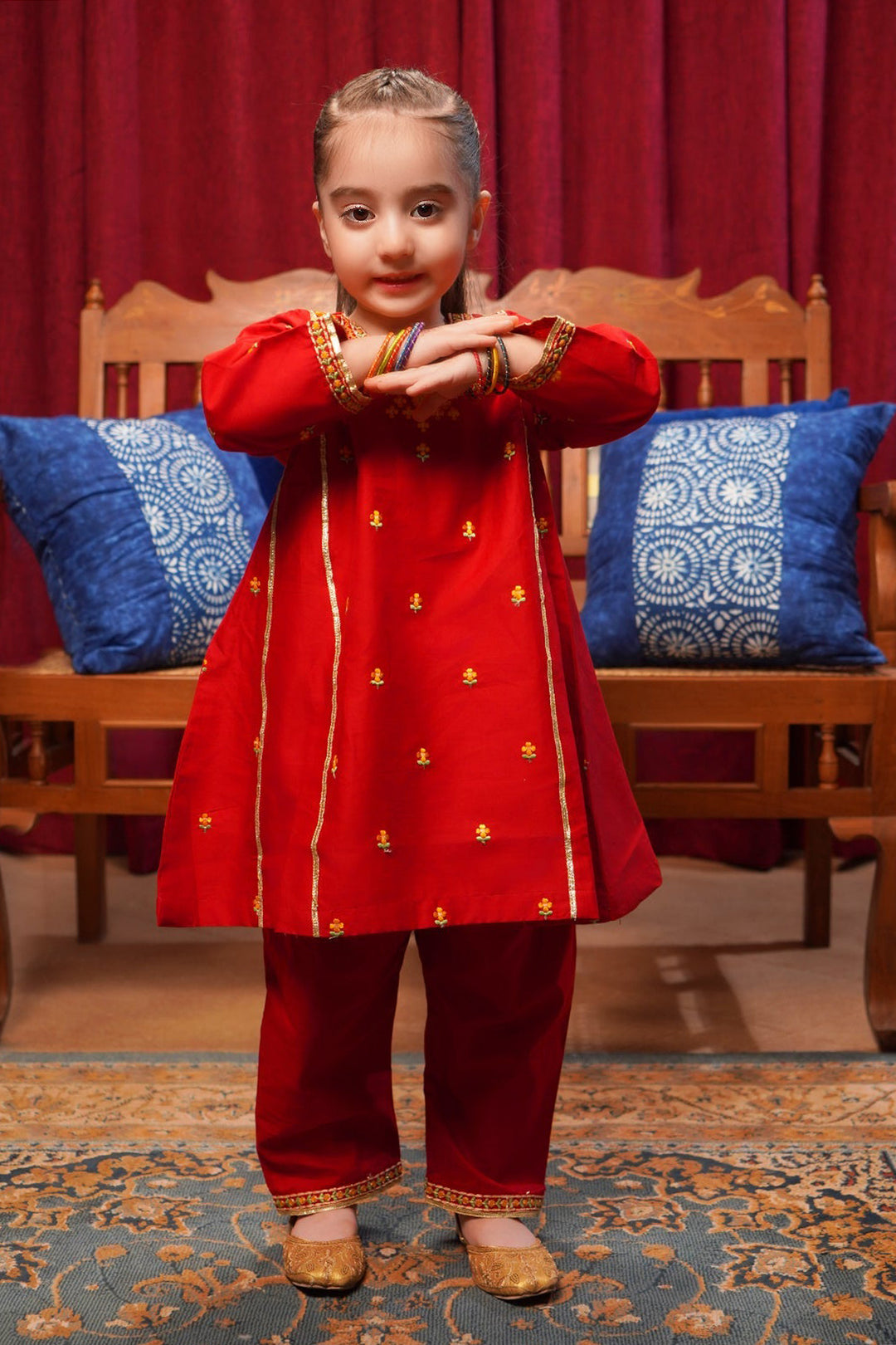 Girls Cotton Poplin Emb 2Pcs Limelight-MAROON