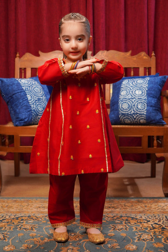 Girls Cotton Poplin Emb 2Pcs Limelight-MAROON