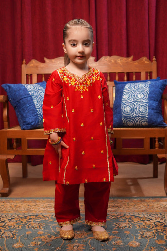 Girls Cotton Poplin Emb 2Pcs Limelight-MAROON