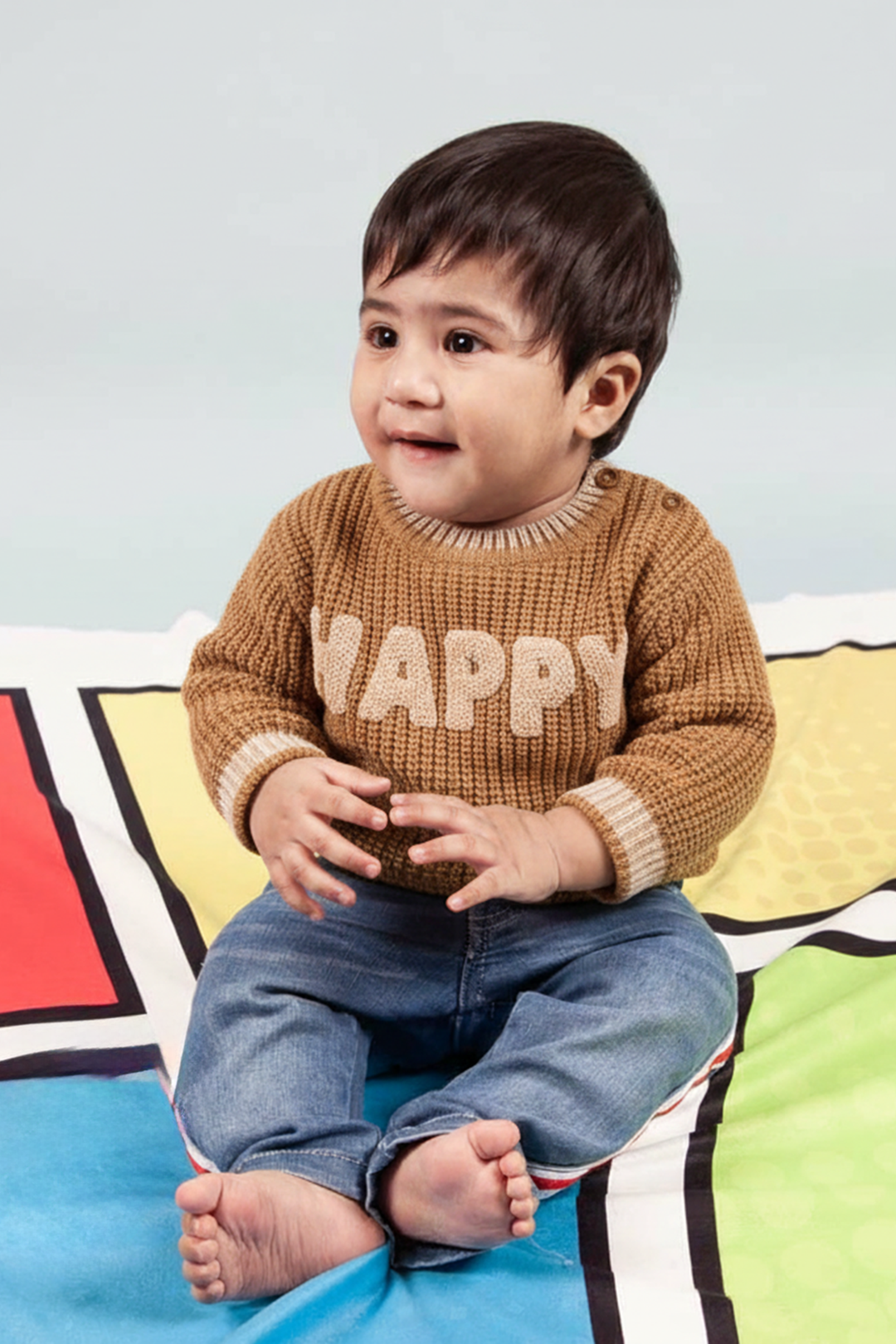 Infant Boys Acrylic Sweater-Happy-Lt.Brown