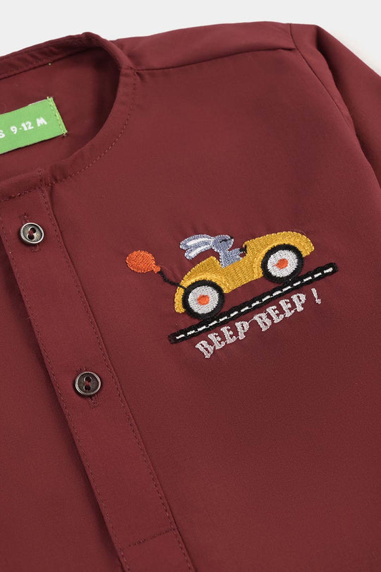 Infant Boys Poly Viscose 2PC Suit (Beep Beep)-MAROON