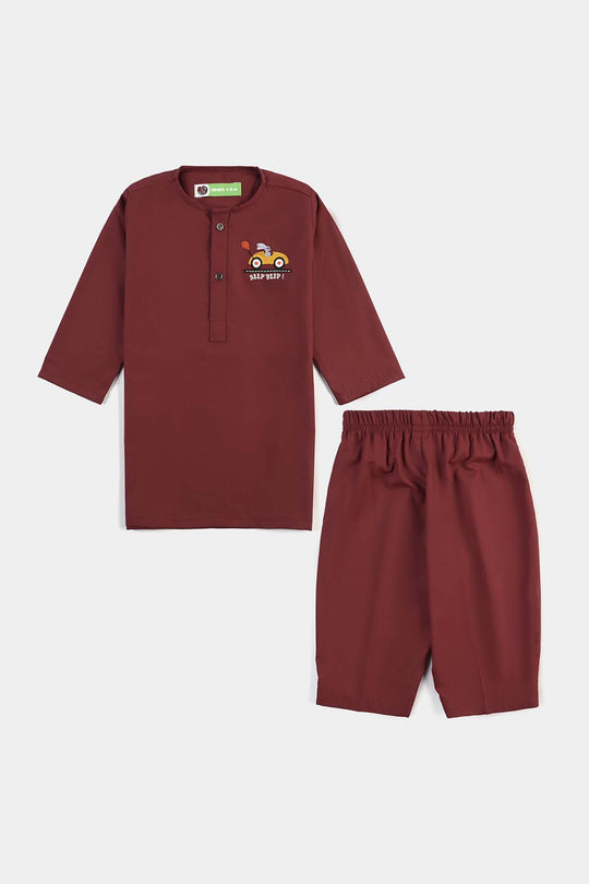 Infant Boys Poly Viscose 2PC Suit (Beep Beep)-MAROON