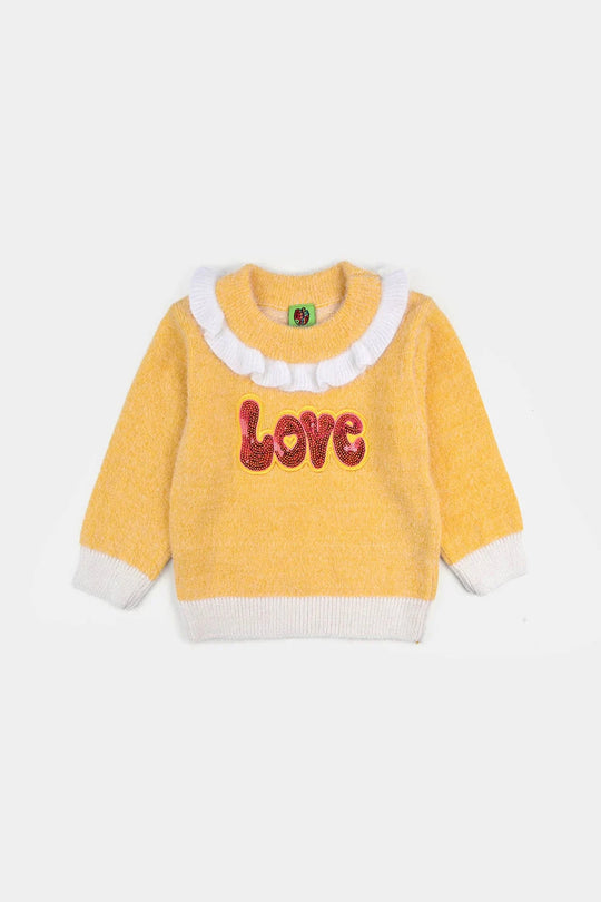 Infant Girls Acrylic-Crystal Feather Sweater-Love Sequence-Yellow