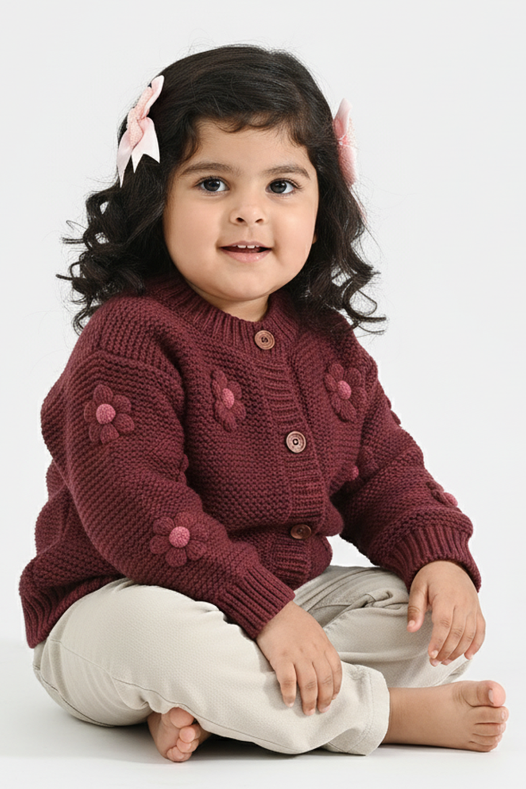 Infant Girls Acrylic Sweater-Flower Bunch-Brown