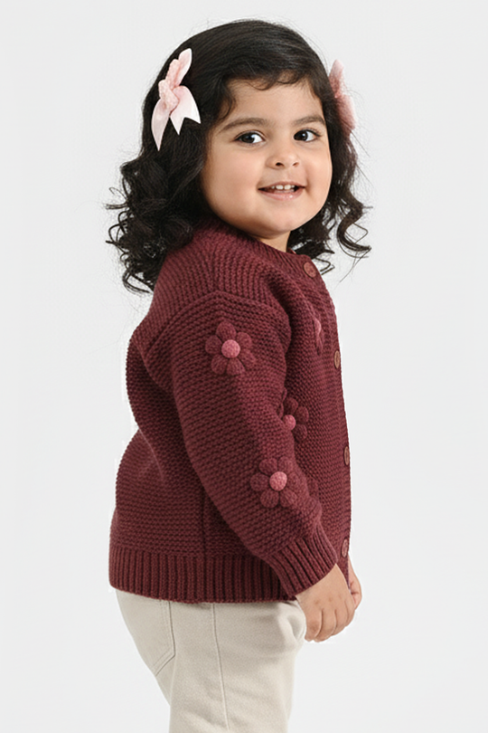 Infant Girls Acrylic Sweater-Flower Bunch-Brown