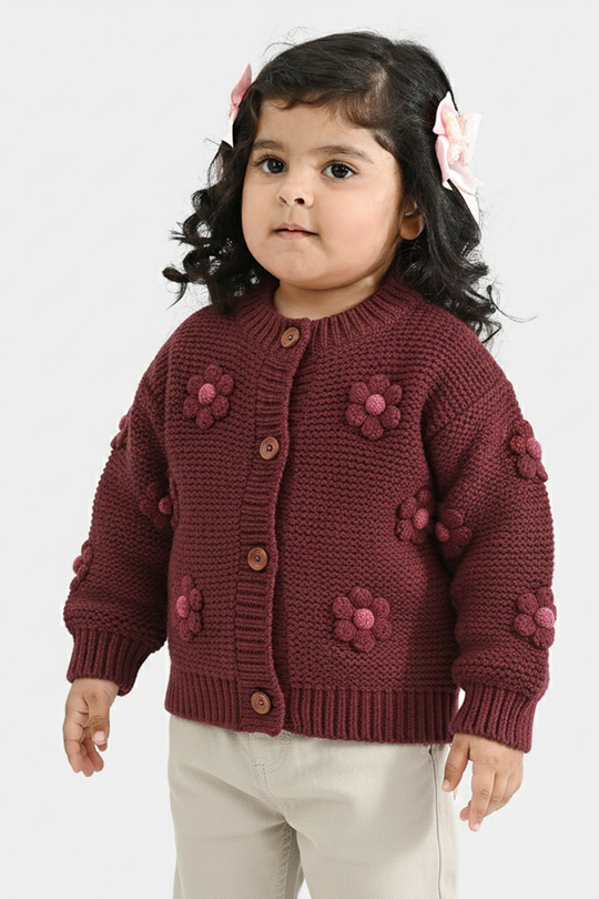 Infant Girls Acrylic Sweater-Flower Bunch-Brown