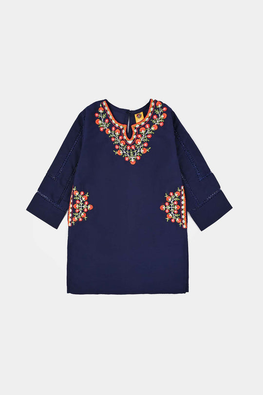 Girls poly cambric Emb Kurti Saya - Navy Blue