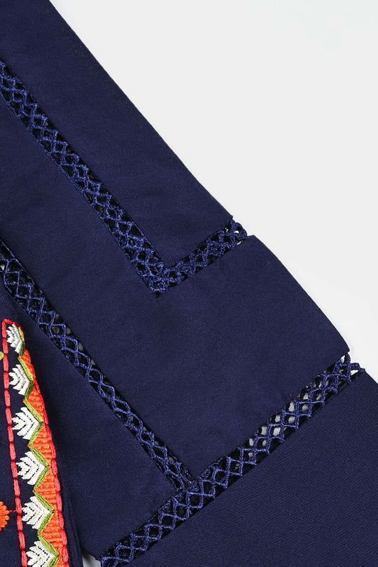 Girls poly cambric Emb Kurti Saya - Navy Blue